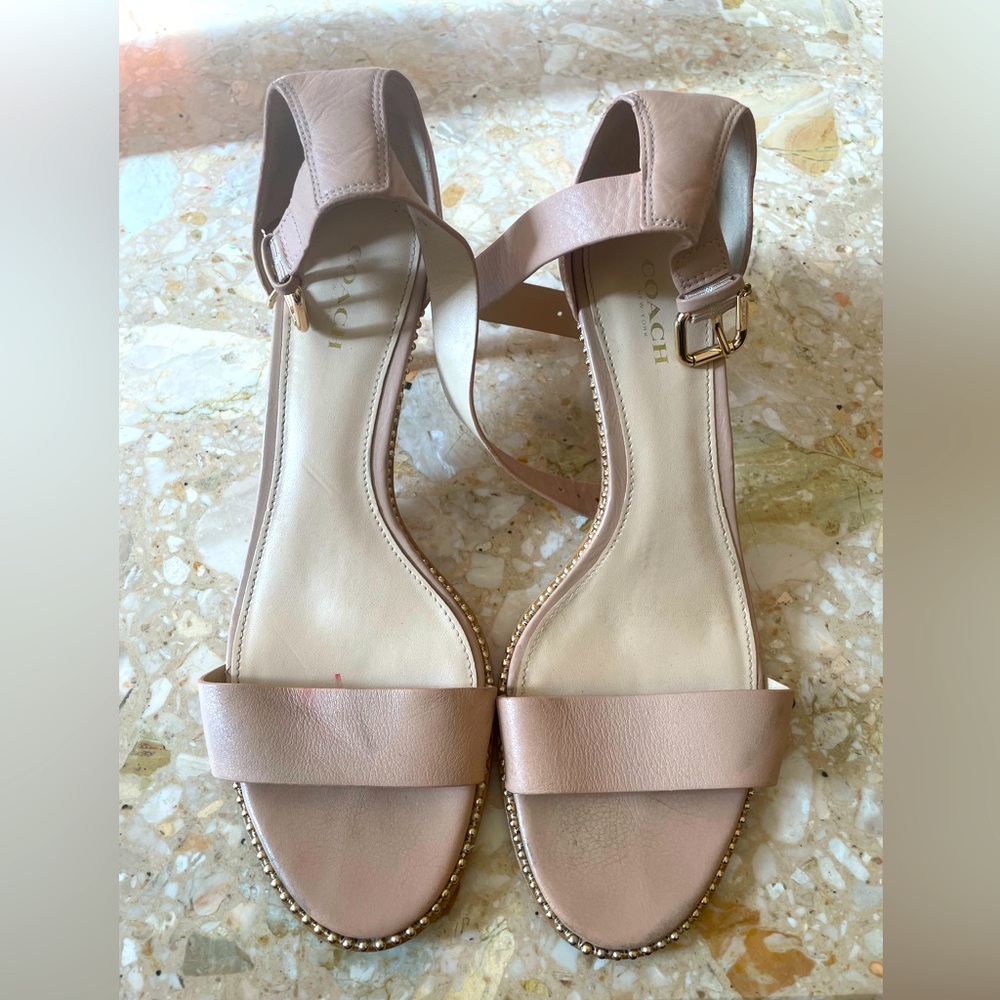 Coach Maude tan gold studded heels ankle strap